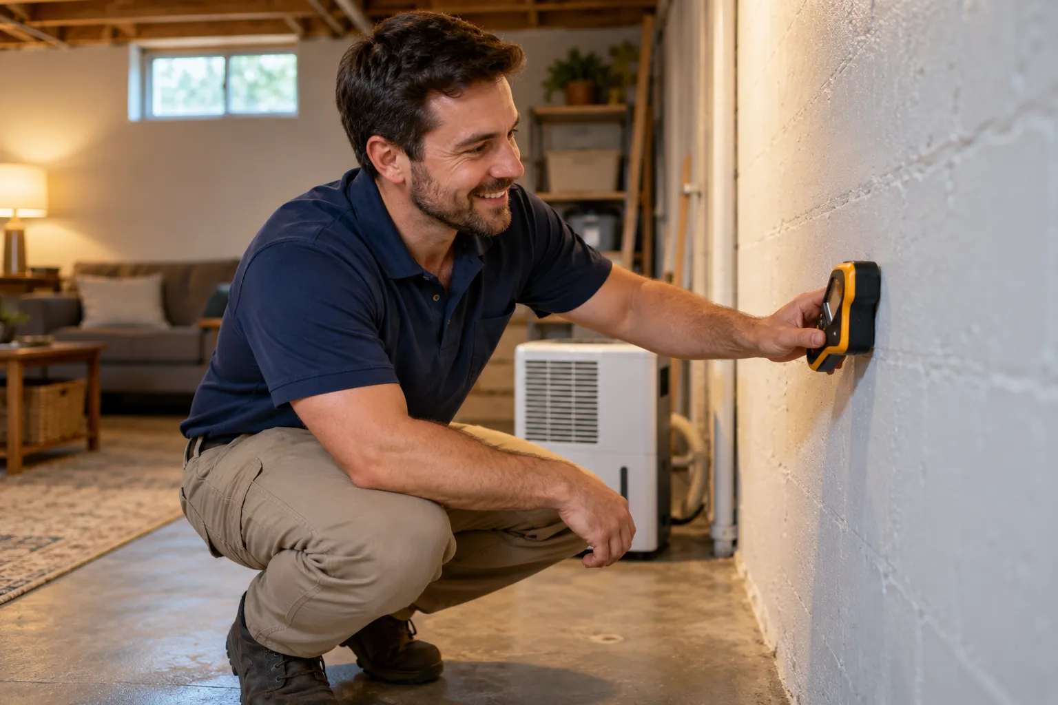 Provider checking a moisture level near a basement window in the Woodmont area